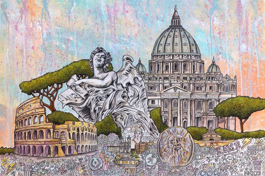 Adam Macciocchi Lancia commissioned painting “Rome” Acrylic, ink, pencil crayon on canvas. 24 inch x 36 inch/Instagram