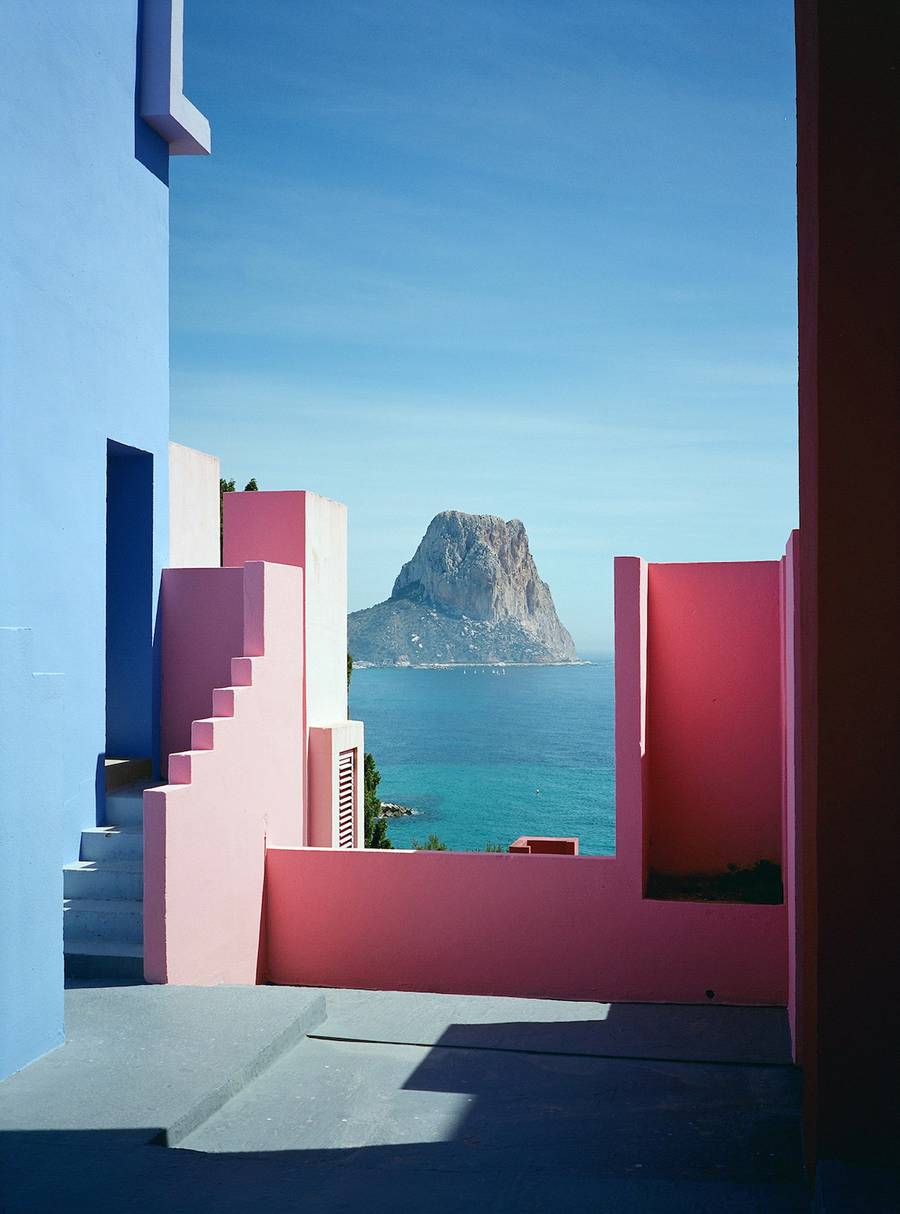 Pink and blue wall with mountain