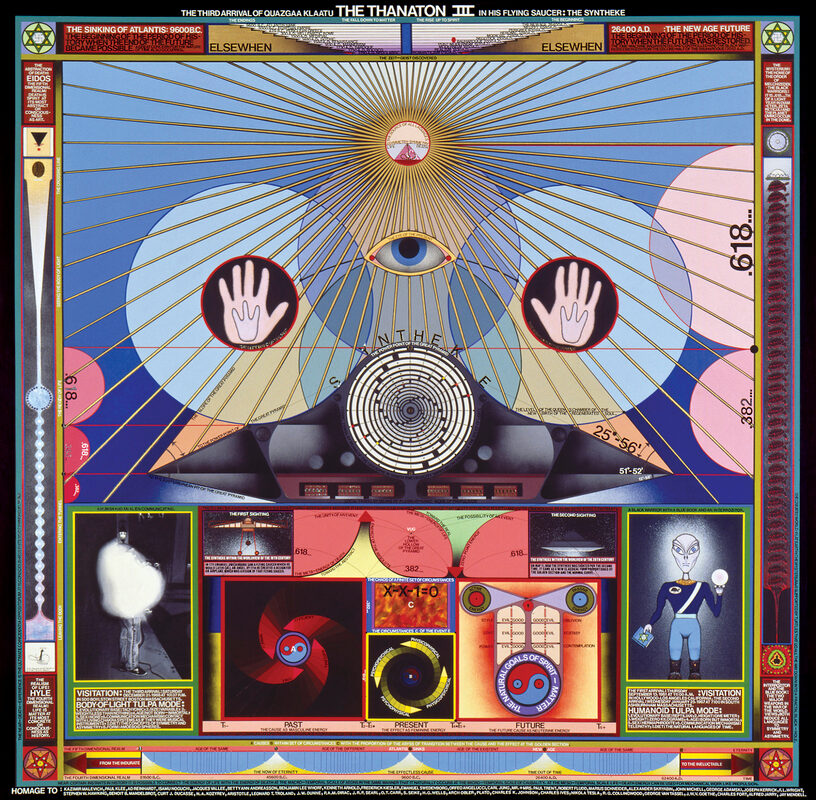 Paul Laffoley. American, 1935-2015 The Thanaton III, 1989. Oil, acrylic, ink, and hand-applied vinyl letters on canvas; painted wooden frame, 73 1/2 × 73 1/2 in. Private Collection, Courtesy of Kent Fine Art, New York, NY Photo: Kent Fine Art.